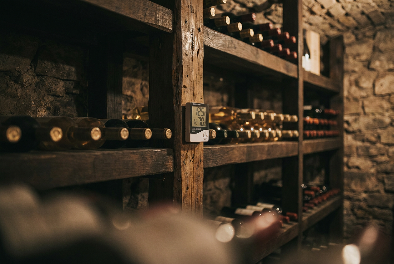 A dimly lit stone wine cellar with a digital climate sensor on the wall, bottles resting on dark wood racks in the background.
