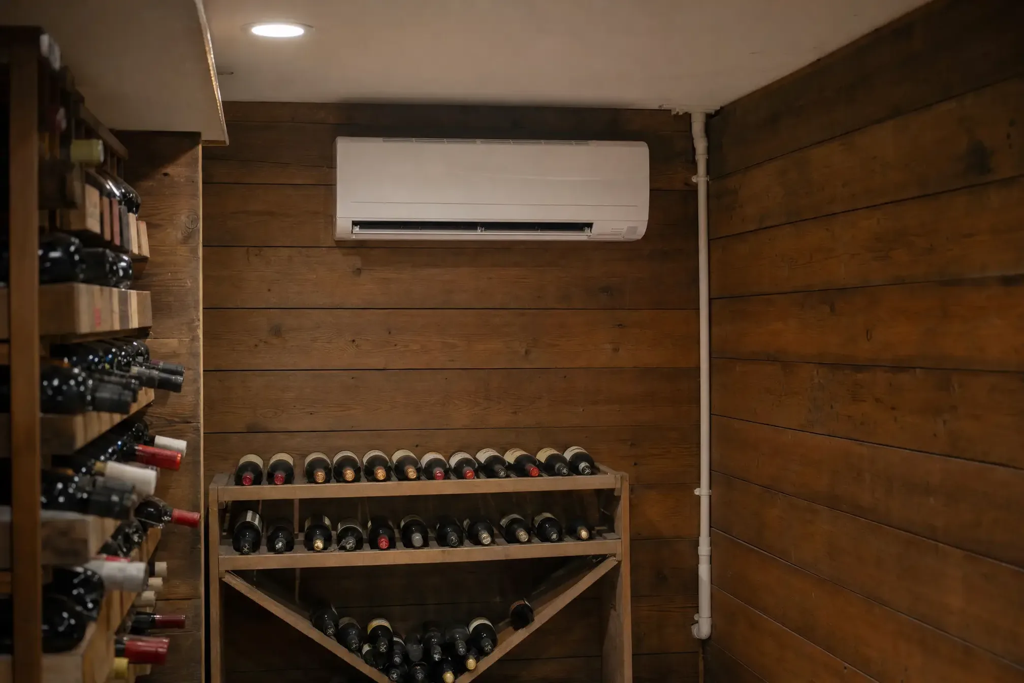 A basement wine cellar with a white ductless split cooling unit mounted high on a rough-sawn wood wall, its condensate line run down the corner, above a wooden rack of bottles with a diamond bin.