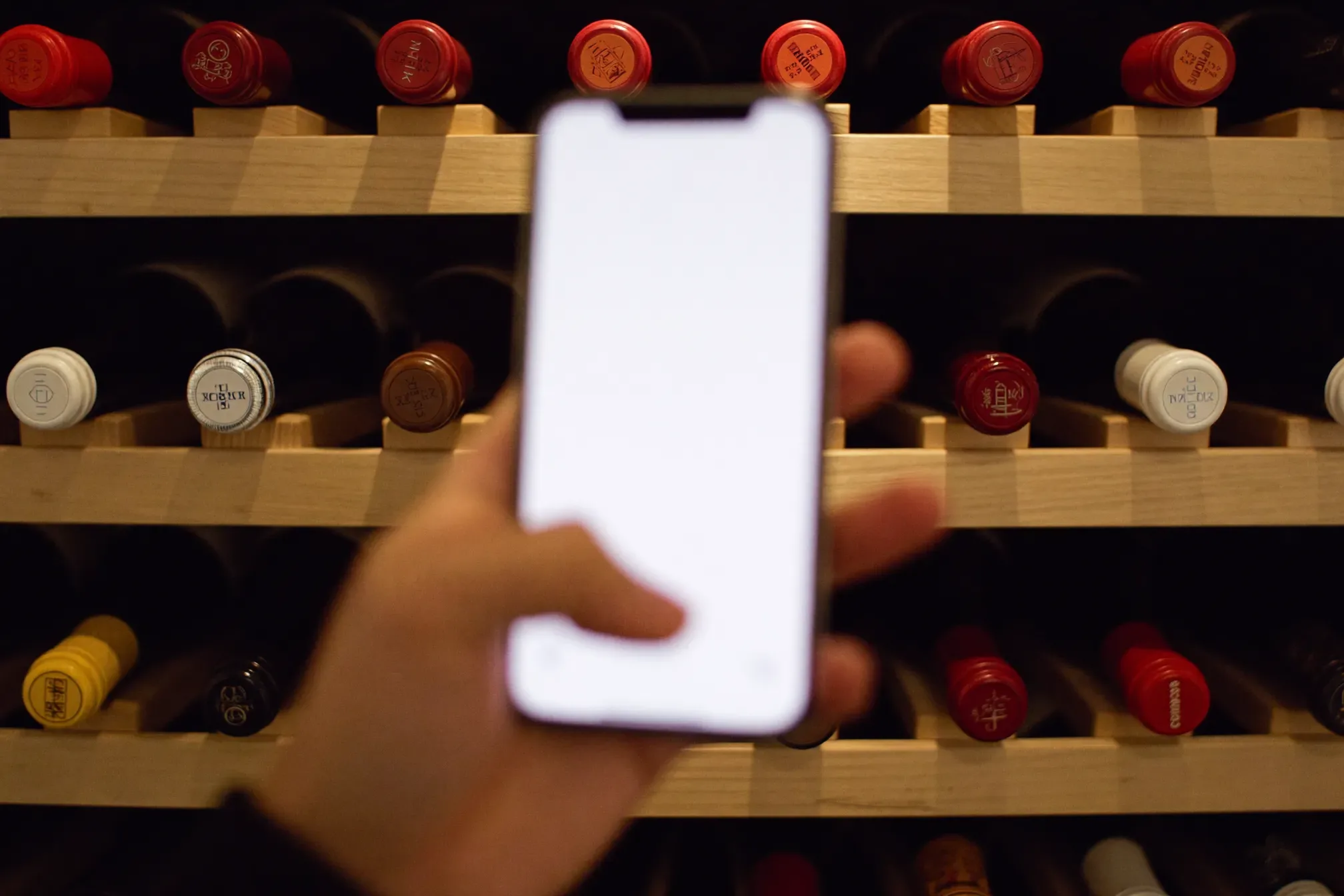 A hand holding a smartphone in front of a light wood wine rack, the screen glowing blank, with rows of bottles behind it showing red, white and gold capsules.