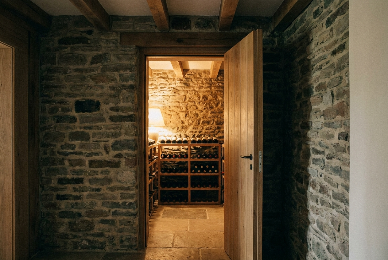 A small stone-walled passive wine cellar seen through an open insulated wooden door, simple wooden racks holding bottles inside.