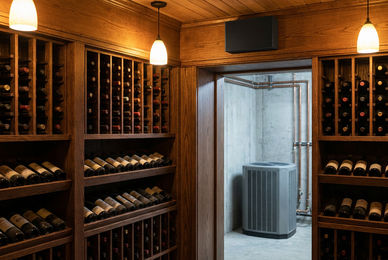 A split-frame photograph of two cellar cooling approaches: a self-contained through-the-wall unit on the left, and an evaporator panel with refrigerant lines on the right, both above wooden wine racks.