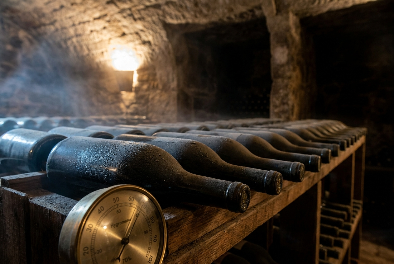 Wine bottles resting horizontally on a wooden rack in a dim cellar, brass analog hygrometer dial visible in the foreground.