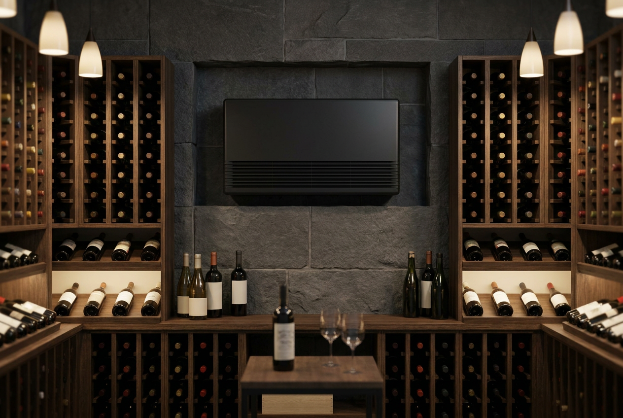 A modern through-the-wall wine cellar cooling unit installed in a finished stone cellar wall, with dark wood wine racks holding bottles beneath it.